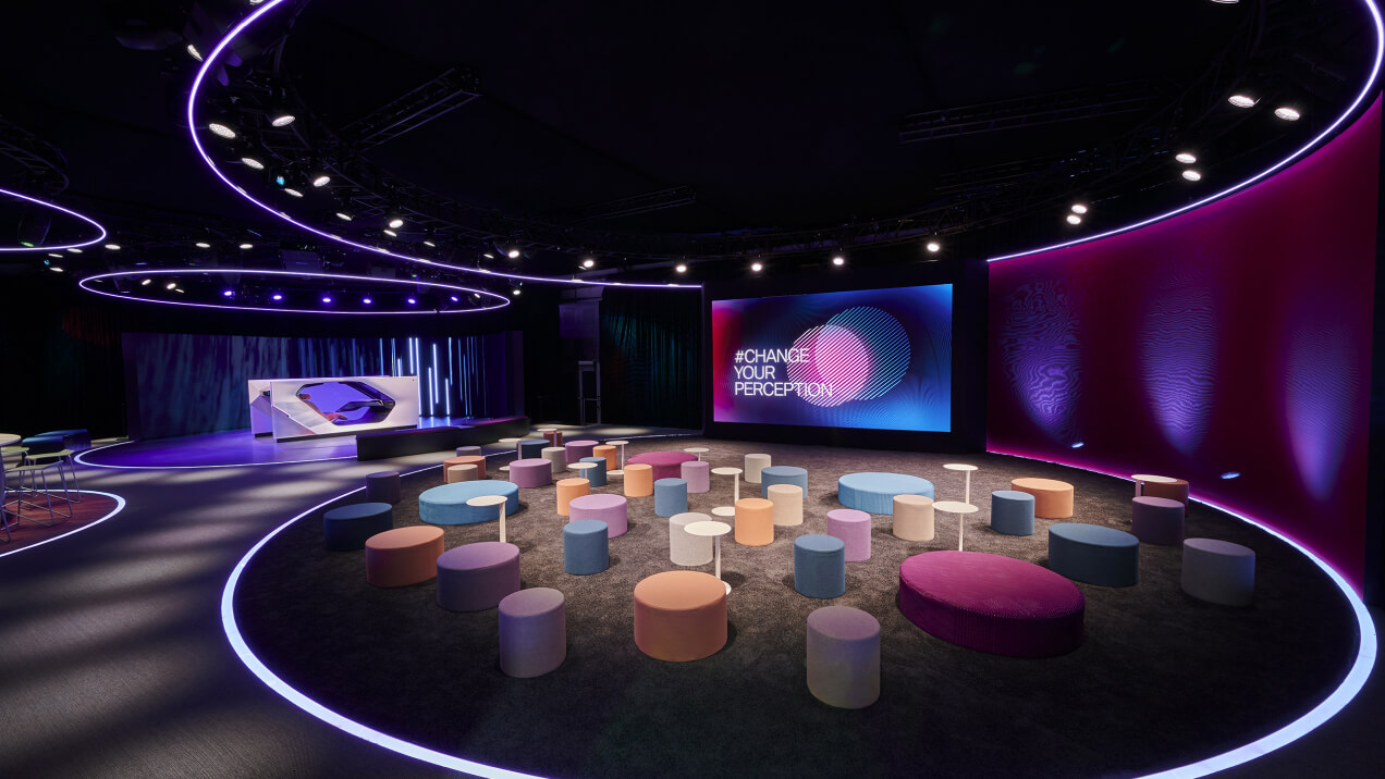 Empty foyer with colorful stools, BMW CES Las Vegas