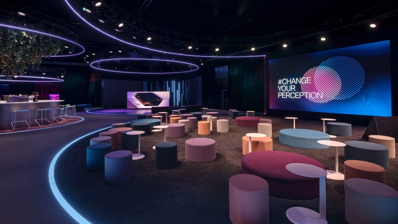 Empty foyer with colorful stools, BMW CES Las Vegas