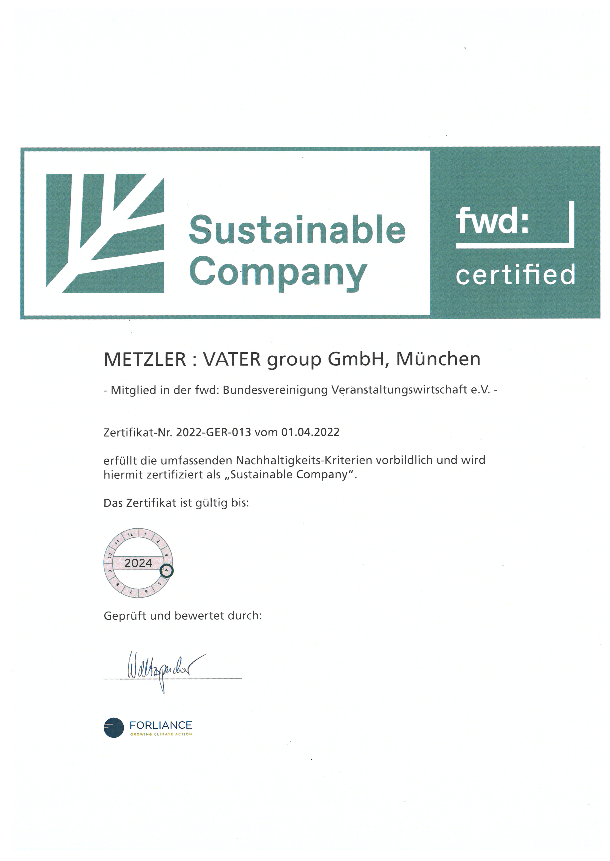 fwd: - Sustainable Company Certification METZLER VATER